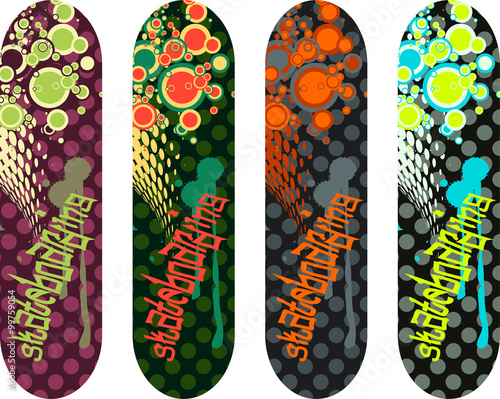Vector skateboard design pack with graffiti tags and abstract shapes