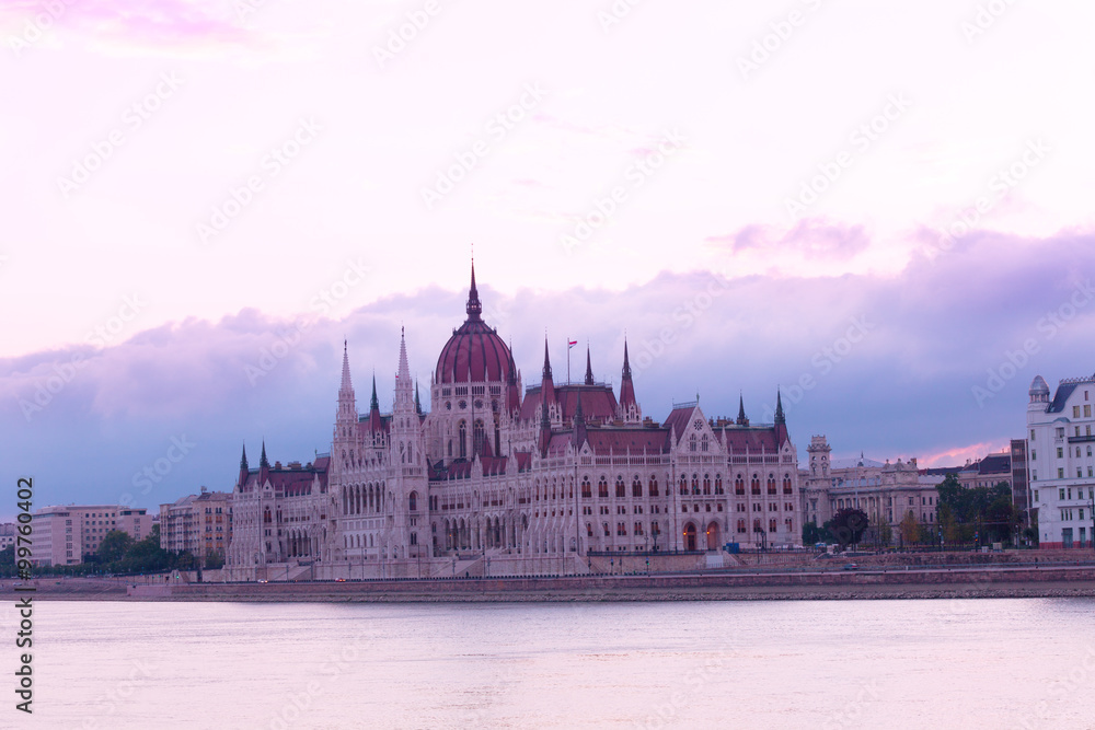 Parliament building in Budapest early in the morning before sunrise, Hungary
