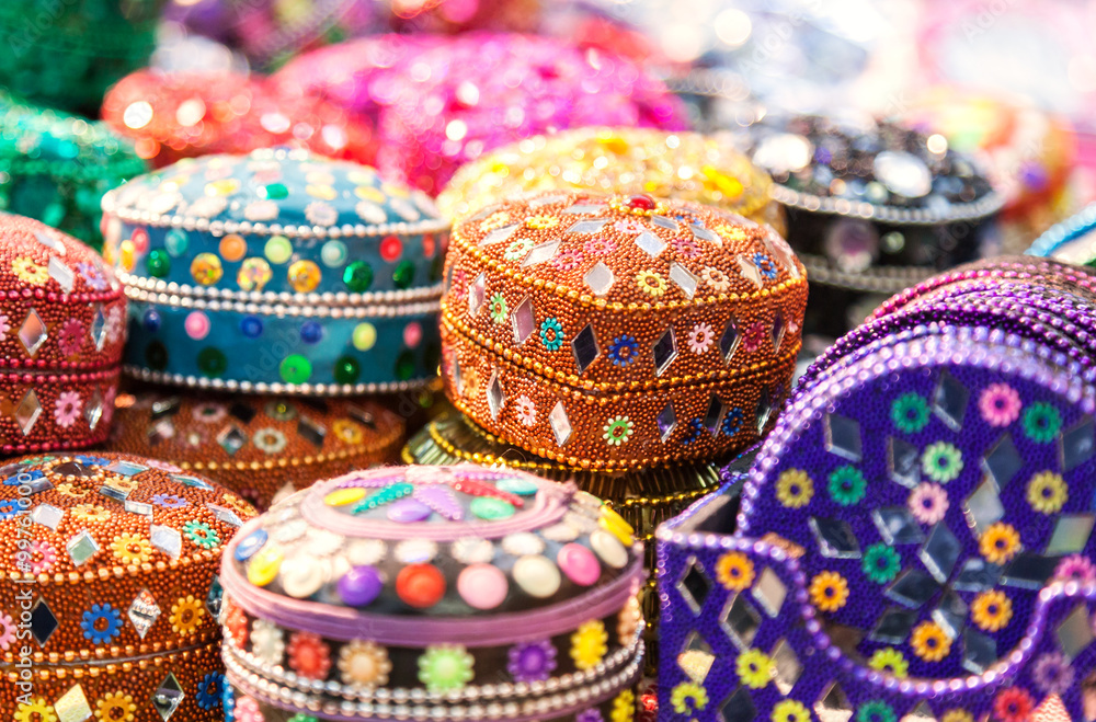 Handmade.  Various different colorful casket in the Indian marke