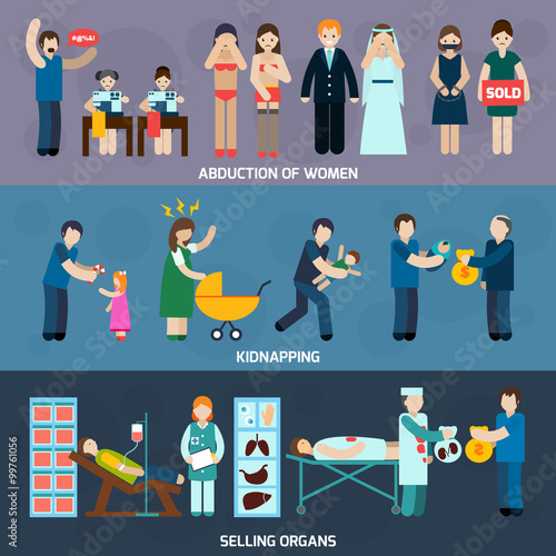 Human Trafficking Horizontal Flat banners Set