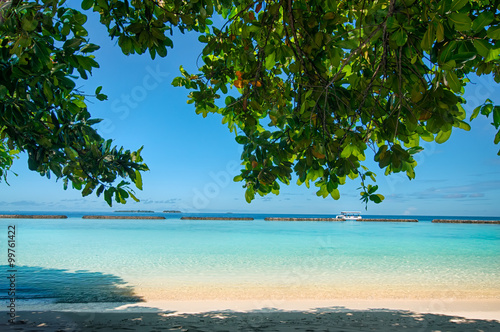 Fototapeta Naklejka Na Ścianę i Meble -  Earth paradise: beautiful view through tropical green foliage on a remote white sand beach in Maldives