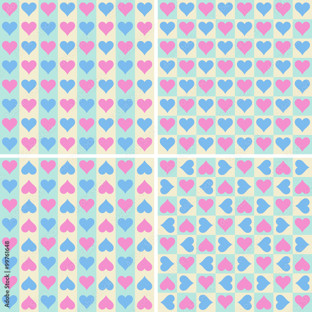 Set of seamless patterns with blue and pink hearts on a pastel yellow and green background.