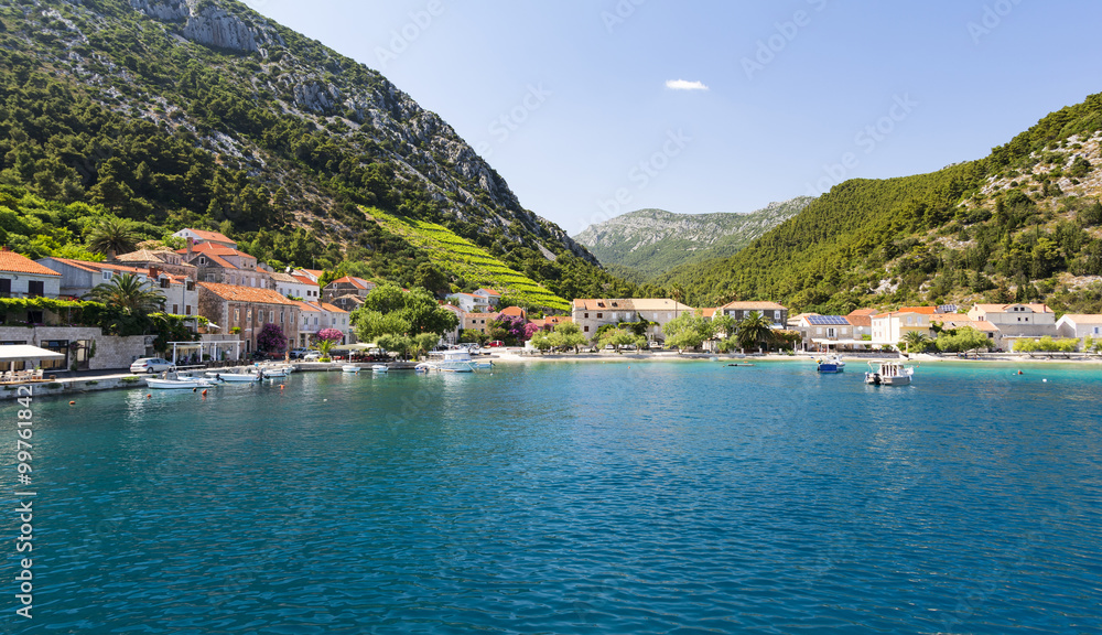 View on Adriatic sea and Trstenik village on Peljesac peninsula near Orebic, Dalmatia, Croatia