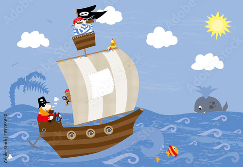statek piracki, papuga i piraci na pokładzie, wieloryb, wyspa, fale w tle