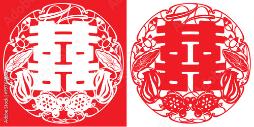 Double gold fish Stamp double happiness illustration