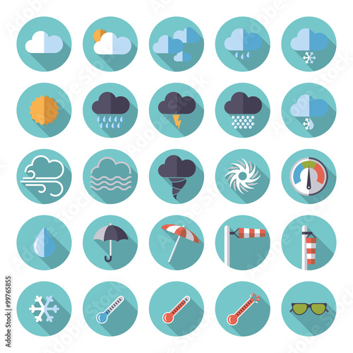 Weather flat design icon set. Collection of weather and climate related flat design vector icons