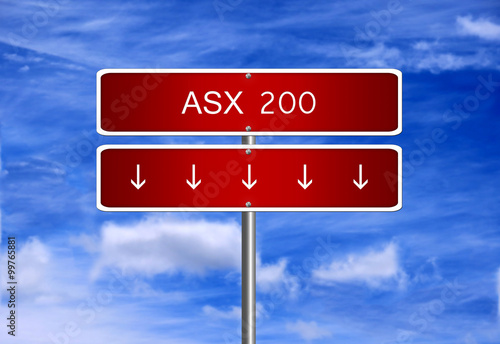 ASX 200 Australia index crash arrow going down stock exchange falling bear market concept. photo