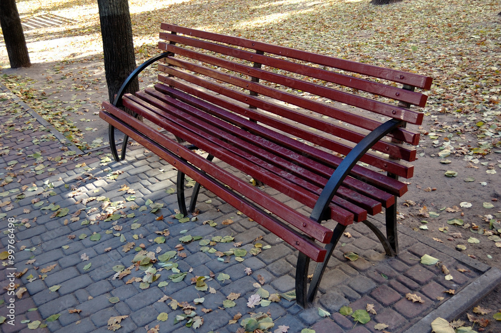 Normal red bench in a park in autumn.
