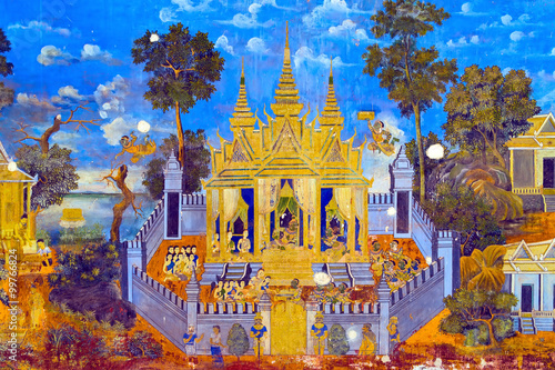 Painted wall Royal Palace Pnom Penh, Cambodia photo