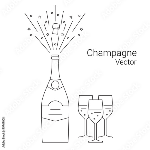 Vector bottle of champagne explosion and glasses, thin line style. 