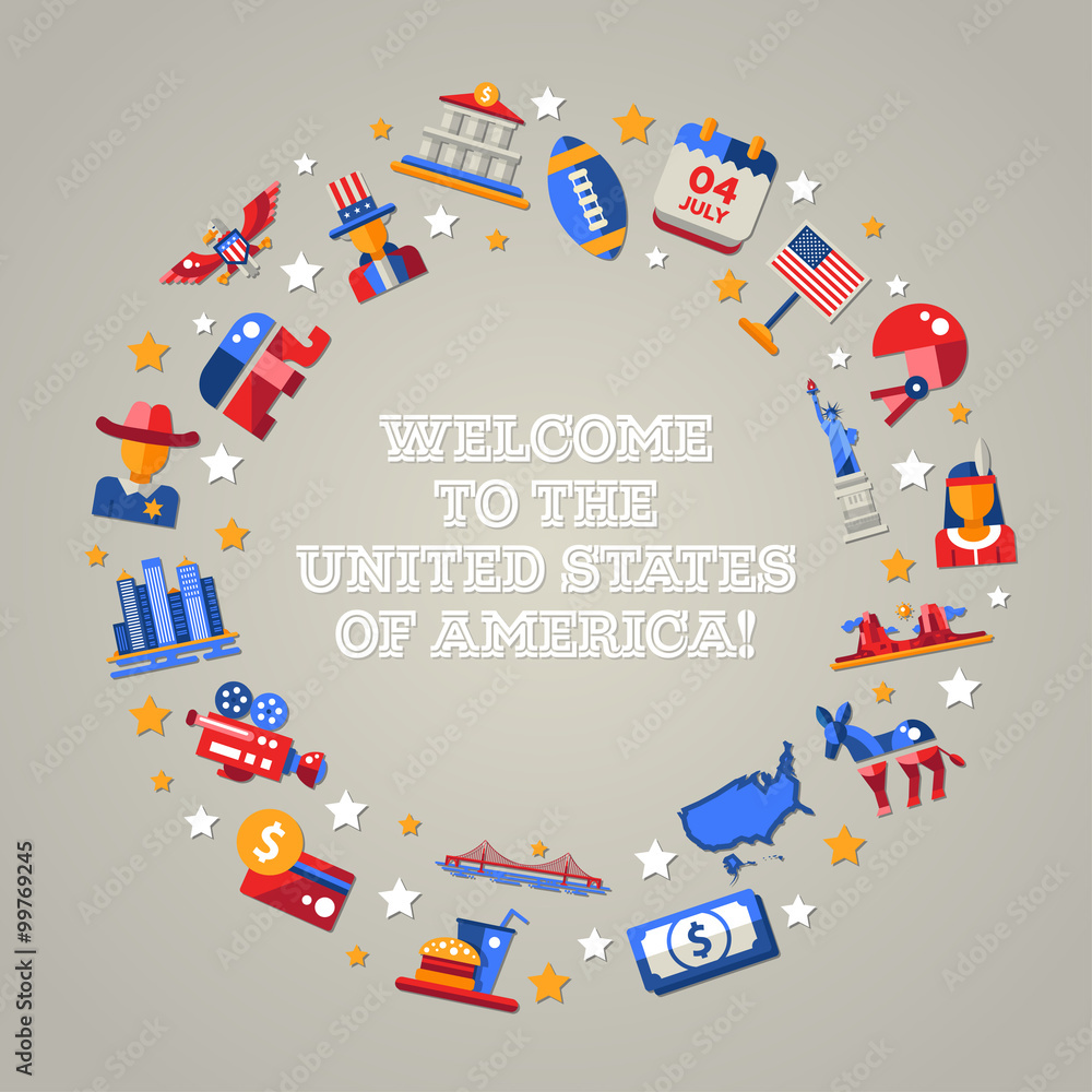 Naklejka premium Flat design USA travel postcard with landmarks, famous American symbols