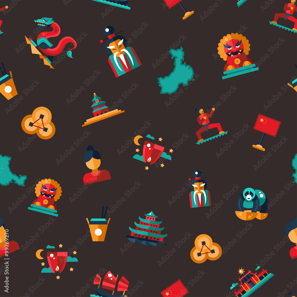 Fototapeta premium Flat design China travel icons pattern - Chinese famous symbols