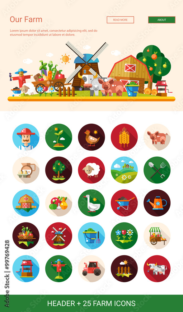 Obraz premium Flat design farm, agriculture icons and elements with header