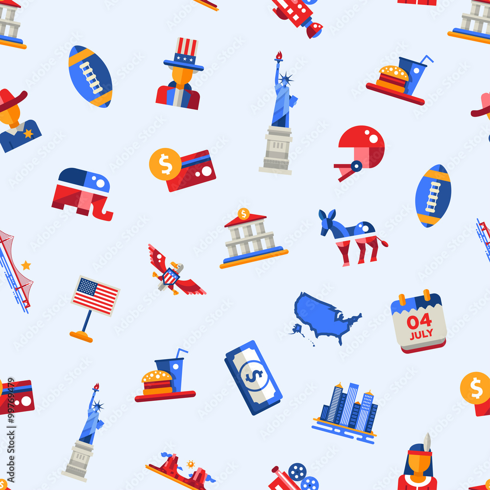 Fototapeta premium Flat design USA travel postcard with landmarks, famous American symbols