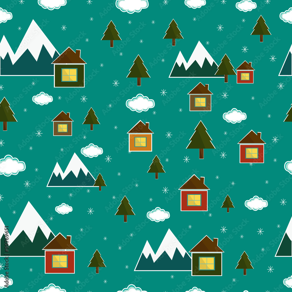 Beautiful winter seamless background with a picture houses, mountains, rocks,  snow, clouds, sun,Christmas tree vector.