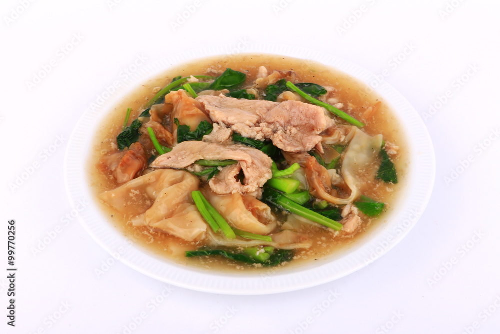 The Best Thai Dishes, Wide Rice Noodles Pork in Thick Gravy, Thai Noodles Topped with Pork: Chinese and Thai Style food called 