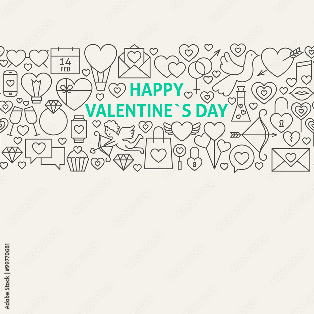 Happy Valentine's Day Line Art Icons Seamless Web Banner Happy Valentine's Day Line Art Icons Seamless Web Banner