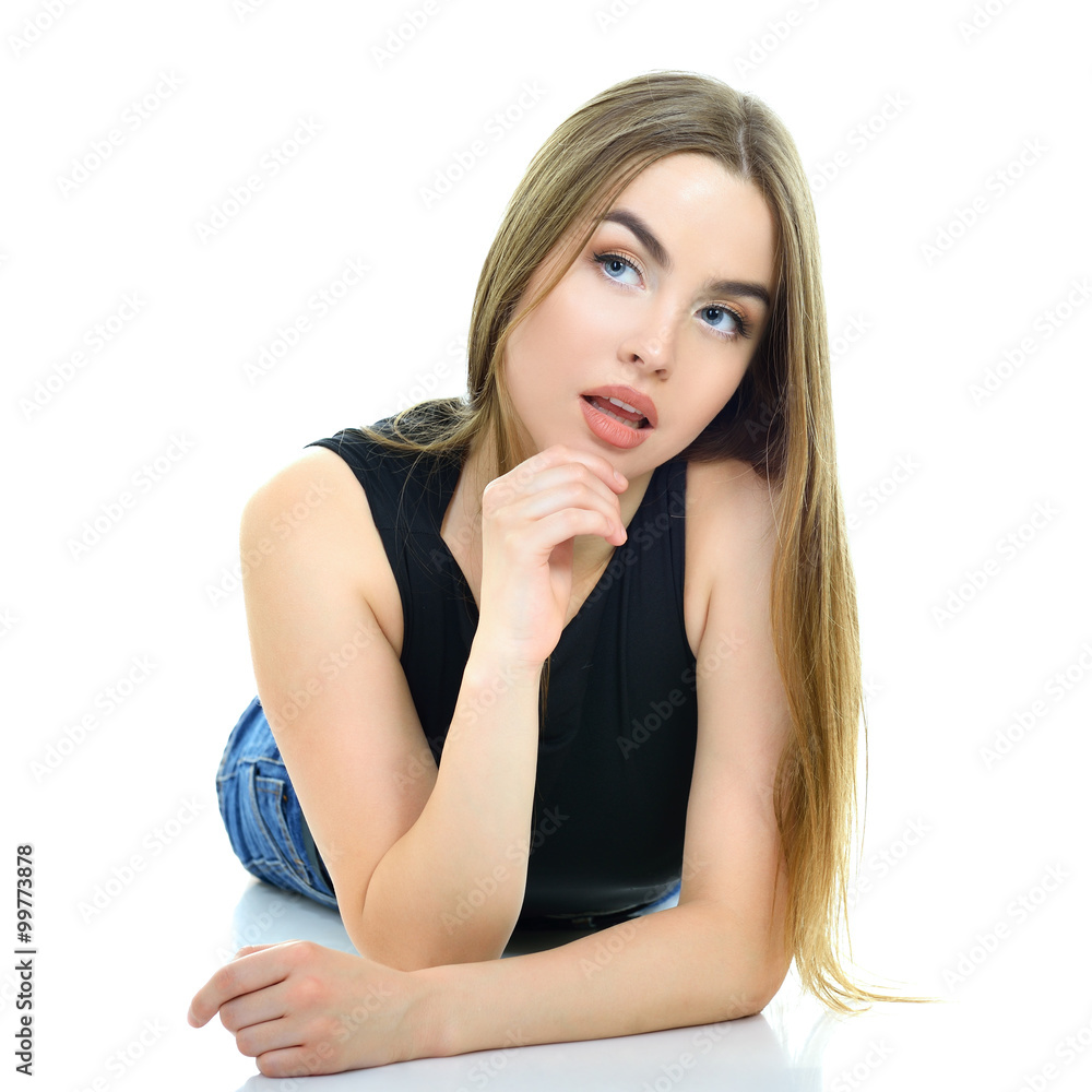 Portrait of surprised girl with open mouth, over white backgroun Portrait of surprised girl with open mouth, over white backgroun