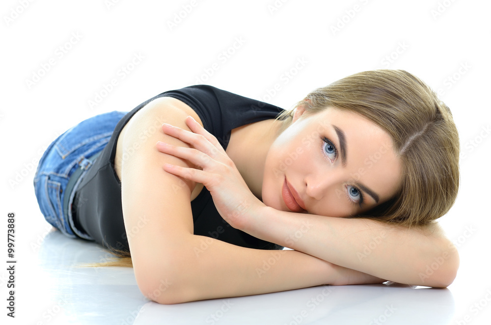 Young beautiful caucasian woman posing against white background. Young beautiful caucasian woman posing against white background.