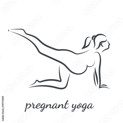Pregnant women in yoga pose in line art style. Vector