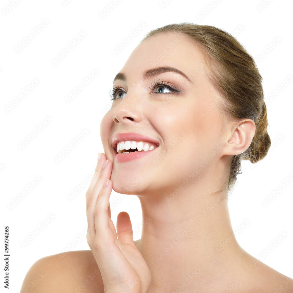 Beauty portrait of young woman touchong her face, happy smiling Beauty portrait of young woman touchong her face, happy smiling