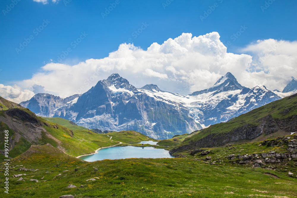 Panorama view of Bachalpsee and the alps