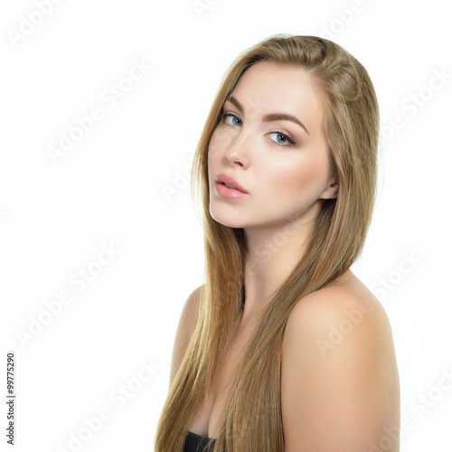 Beauty portrait of young woman with beautiful face and long heal
