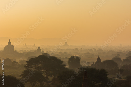 Silhouette pagoda on sunrise time in morning and balloon at Baga