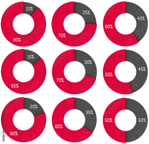 set of 3d red and grey circle diagrams isolated: 10%, 15%, 20%, 25%, 30%, 35%, 40%, 45%, 50%