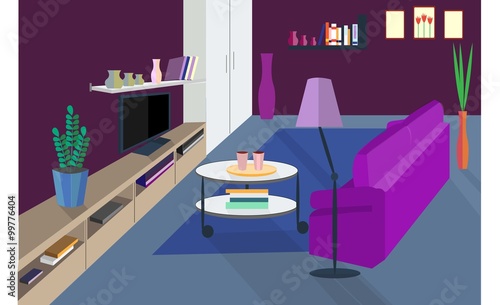 
Living room. Comfortable hall. Vector home interior in flat style. Sofa and lamp, TV shelf and coffee table, picture and vase
