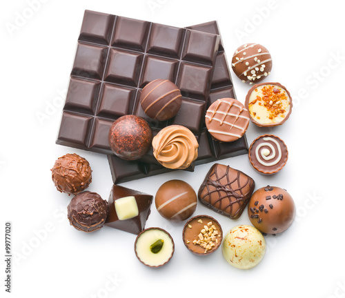 various chocolate pralines and chocolate bar