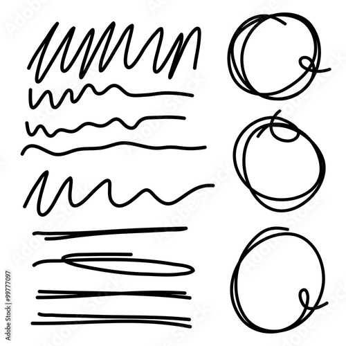 Highlighter circles scribbles and underlines, curves and zigzags  set for marks. Vector imitation of hand drawing. photo
