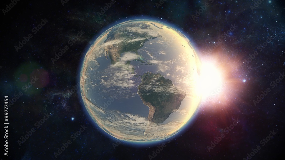 Sich drehender Planet Erde im Weltraum mit Mond, Atmosphäre und Sonnenlicht