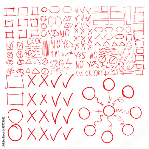 Vector highlighter elements, imitation of hand drawing, circles, frames and arrows, square and rectangles borders, check, correction, cross, tick symbols. Diagram or flowchart, mind mapping.