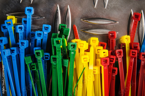 Set colored cable ties, close up