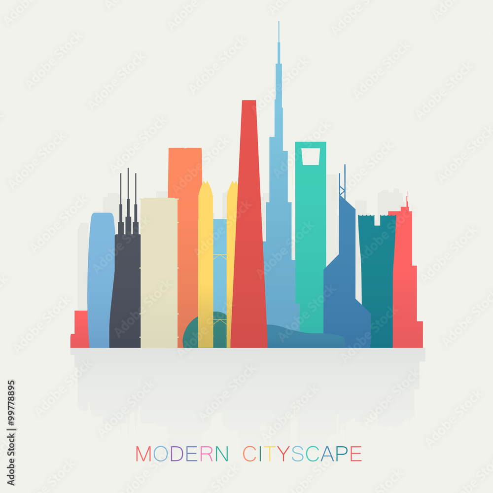 modern different colors skyline cityscape isolated. City silhouette