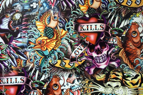 Obraz Publiczne graffiti ściany sztuki miejskiej tło. Projekt artystyczny hip hop grunge. Sztuki ściana przy Santorini Hua hin Tajlandia