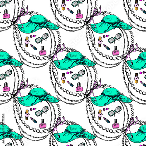 Illustration of a female toilet. Clothes and accessories. Seamless pattern.