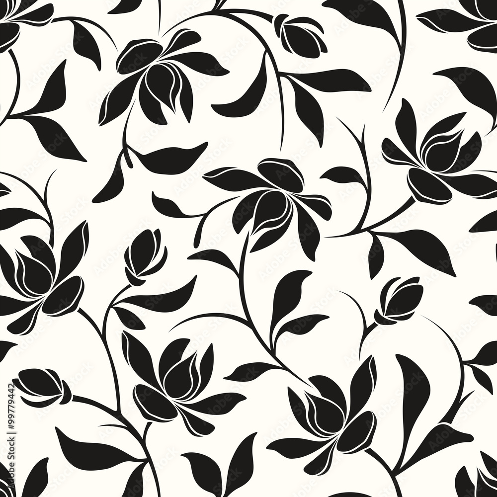 Fototapeta premium Vector seamless black and white floral pattern with magnolia flowers and leaves.