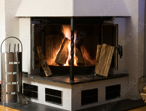 Fireplace inside home burning wood
