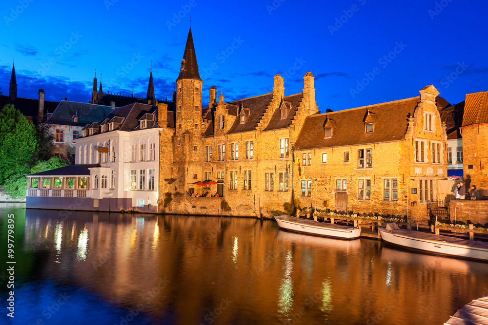 Dock of the Rosary (Rozenhoedkaai) at twilight, a scene from a medieval fairytale in Bruges, Belgium