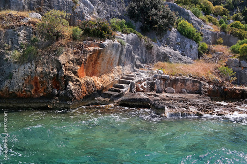 Steps sunken Lycian city Dolihiste Kekova Island, Turkey
