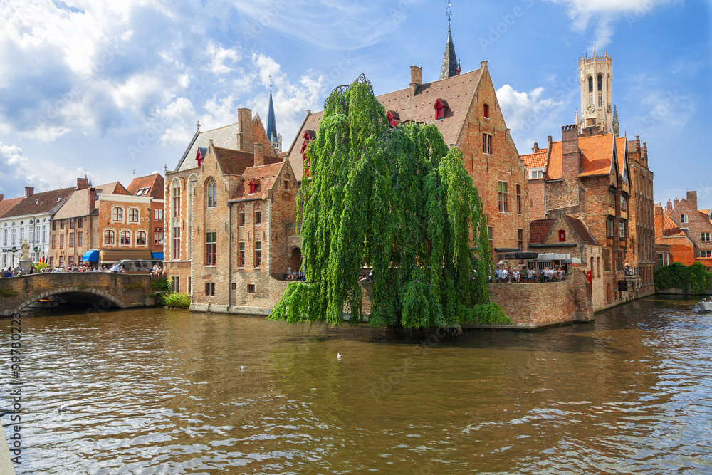 Dock of the Rosary (Rozenhoedkaai) and Belfry. A scene from a medieval fairytale in Bruges, Belgium