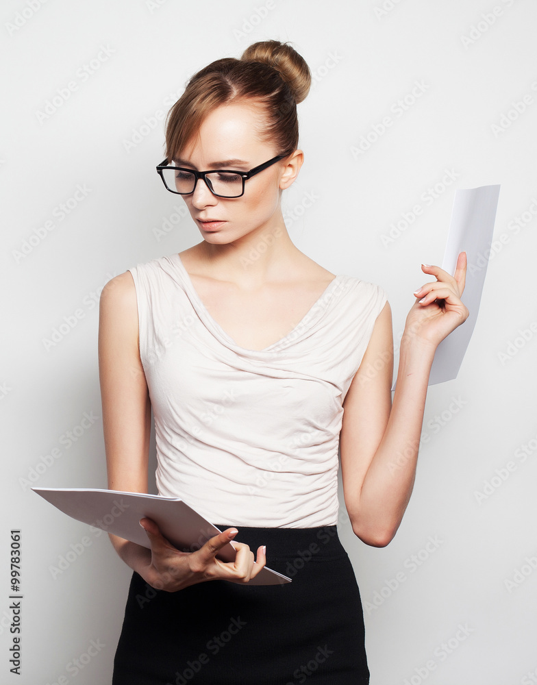 business woman hold pages of paper business woman hold pages of paper