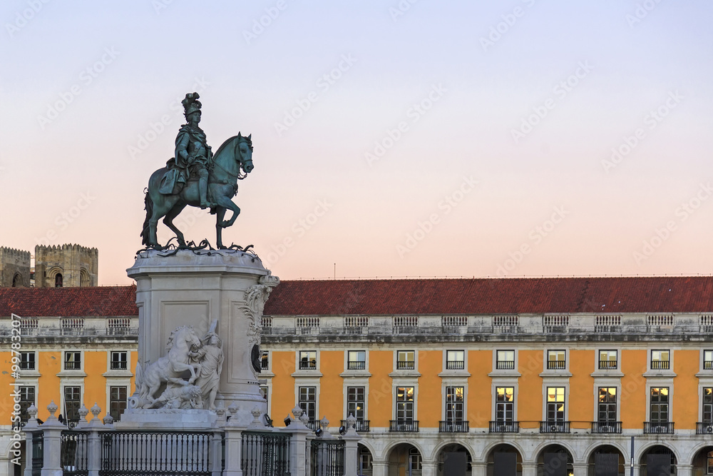 King Jose I statue near Lisbon Story Center at sunset