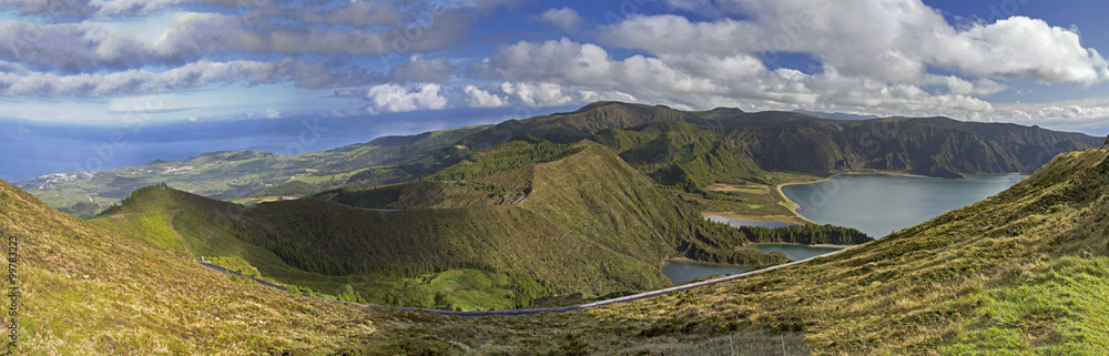 Lagoa do Fogo and green valley panorama on San Miguel island