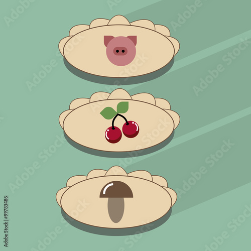 dumplings with cherries, meat, mushrooms. Ravioli and tortellini. The vector of dough