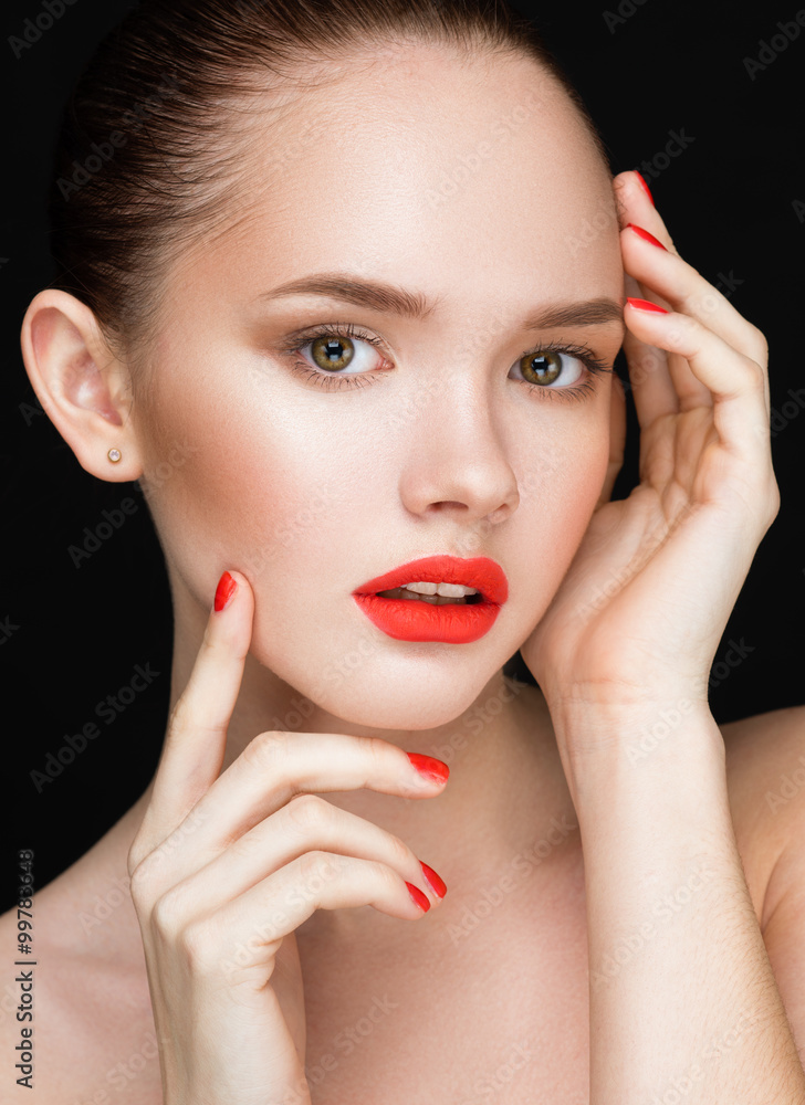 Beautiful woman face closeup over black background. Beautiful Pe Beautiful woman face closeup over black background. Beautiful Pe