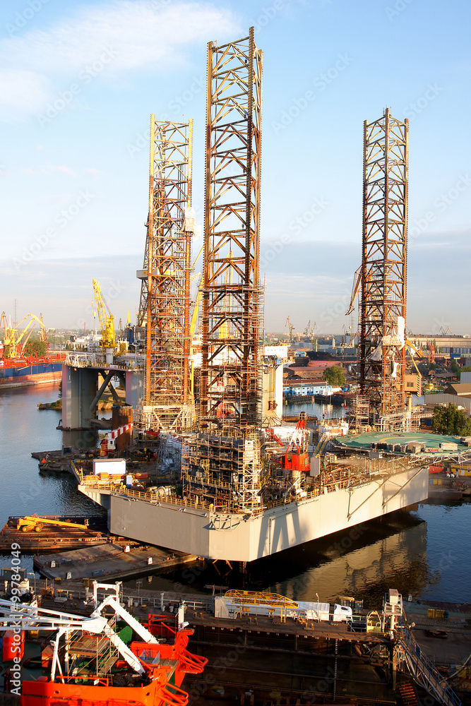 Top view of a drilling rig during the renovation in Gdansk Repair Shipyard
