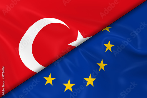 Flags of Turkey and the European Union Divided Diagonally - 3D Render of the Turkish Flag and EU Flag with Silky Texture